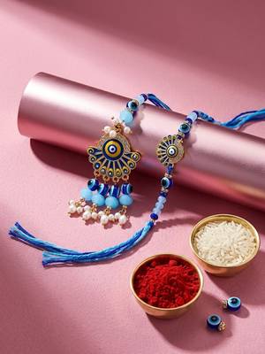 set of 2 blue evil eye artificial beads bhaiya bhabhi rakhi with roli chawal 2