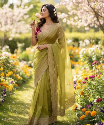 Olive chiffon embroidered saree with sequins work 1