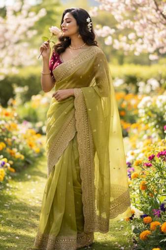 Olive chiffon embroidered saree with sequins work