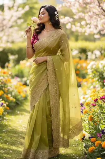 Olive chiffon embroidered saree with sequins work