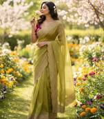 Olive chiffon embroidered saree with sequins work