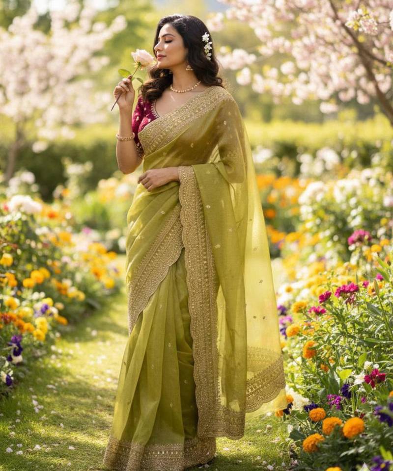 Olive chiffon embroidered saree with sequins work