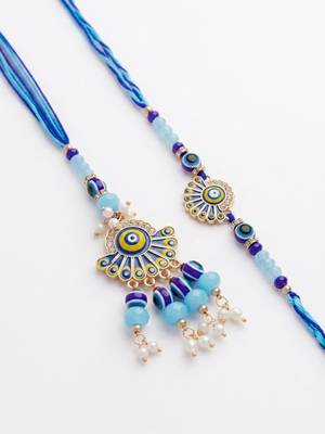 set of 2 blue evil eye artificial beads bhaiya bhabhi rakhi with roli chawal 3