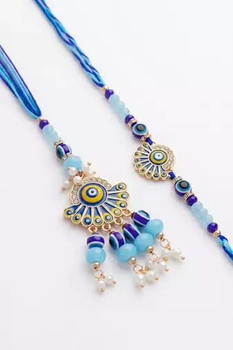set of 2 blue evil eye artificial beads bhaiya bhabhi rakhi with roli chawal