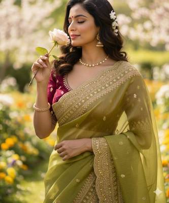 Olive chiffon embroidered saree with sequins work 2