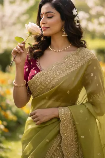 Olive chiffon embroidered saree with sequins work