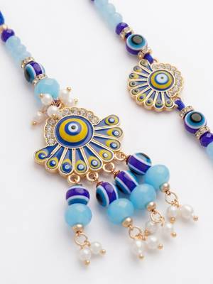 set of 2 blue evil eye artificial beads bhaiya bhabhi rakhi with roli chawal 4