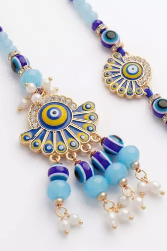 set of 2 blue evil eye artificial beads bhaiya bhabhi rakhi with roli chawal