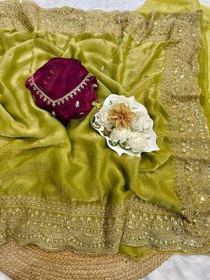 Olive chiffon embroidered saree with sequins work 3