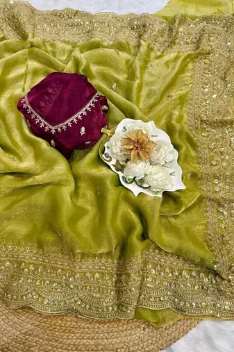 Olive chiffon embroidered saree with sequins work