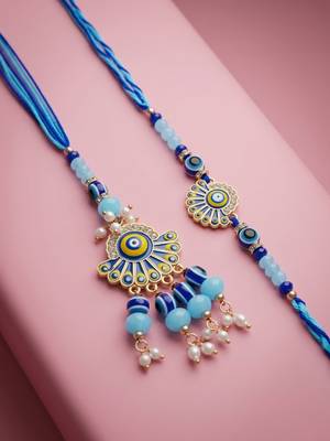set of 2 blue evil eye artificial beads bhaiya bhabhi rakhi with roli chawal 5