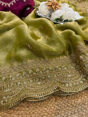 Olive chiffon embroidered saree with sequins work 4