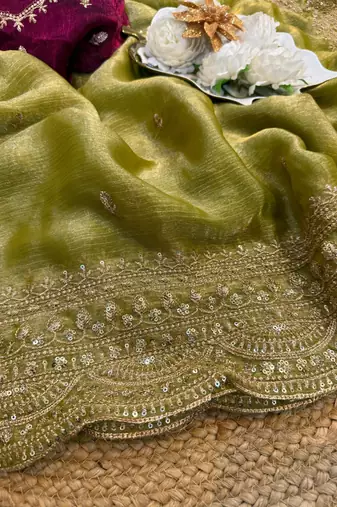 Olive chiffon embroidered saree with sequins work