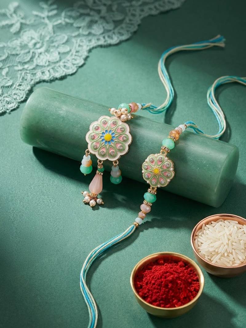 set of 2 round artificial beads traditional bhaiya bhabhi rakhi with roli chawal