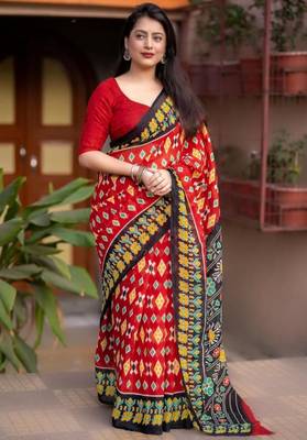 red linen printed saree with ikkat print 1