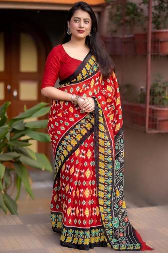 red linen printed saree with ikkat print