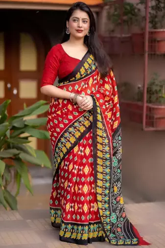 red linen printed saree with ikkat print