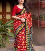 red linen printed saree with ikkat print