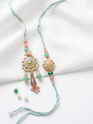 set of 2 round artificial beads traditional bhaiya bhabhi rakhi with roli chawal 2