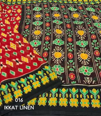 red linen printed saree with ikkat print 2