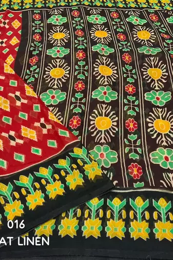 red linen printed saree with ikkat print