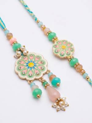 set of 2 round artificial beads traditional bhaiya bhabhi rakhi with roli chawal 3