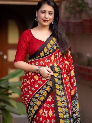 red linen printed saree with ikkat print 3