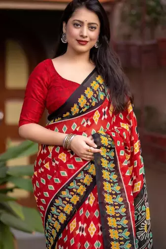 red linen printed saree with ikkat print