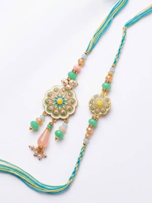 set of 2 round artificial beads traditional bhaiya bhabhi rakhi with roli chawal 4