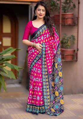 pink linen printed saree with ikkat print 1