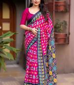 pink linen printed saree with ikkat print