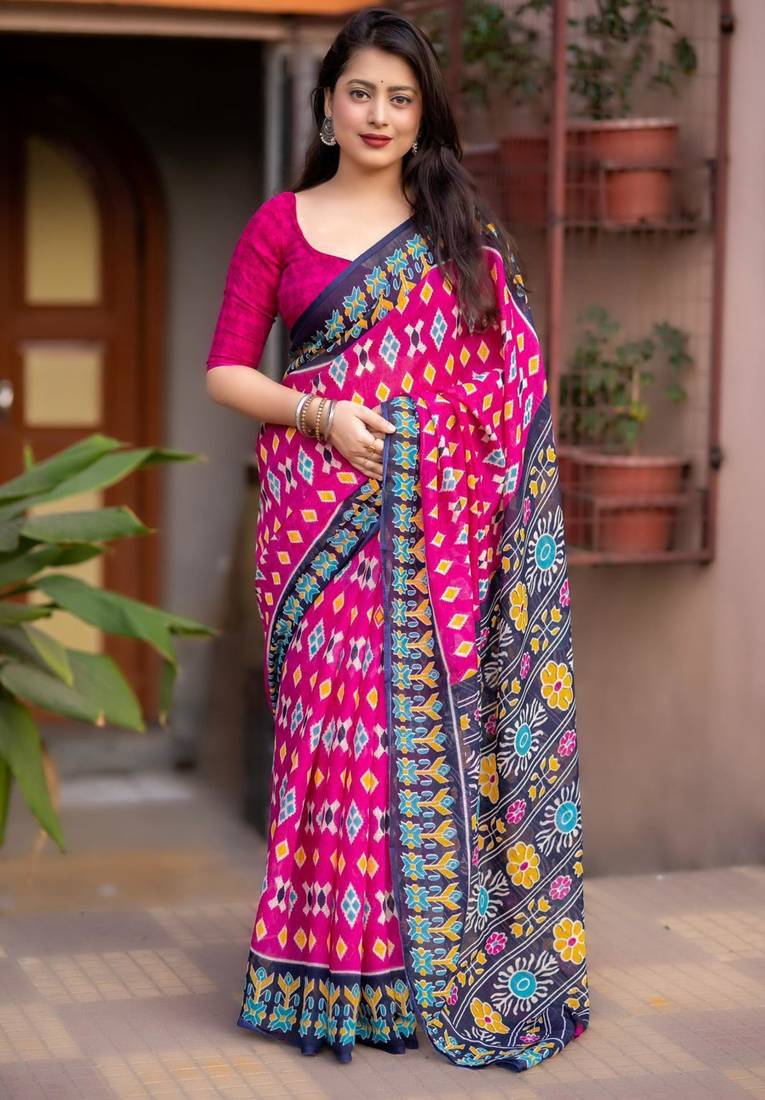 pink linen printed saree with ikkat print