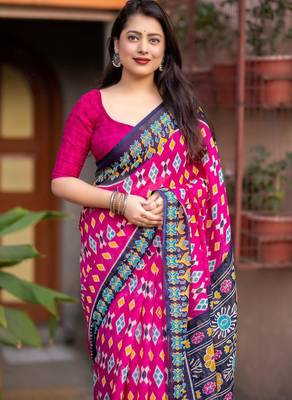 pink linen printed saree with ikkat print 2