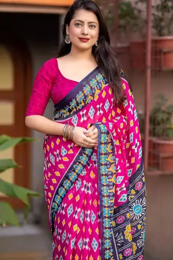 pink linen printed saree with ikkat print