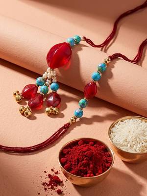 set of 2 artificial beads & gold toned ghungroo bhaiya bhabhi rakhi with roli chawal 1