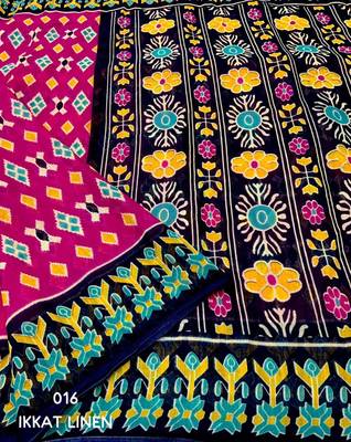 pink linen printed saree with ikkat print 3