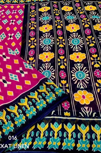 pink linen printed saree with ikkat print