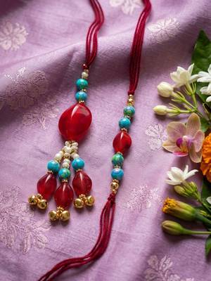 set of 2 artificial beads & gold toned ghungroo bhaiya bhabhi rakhi with roli chawal 2