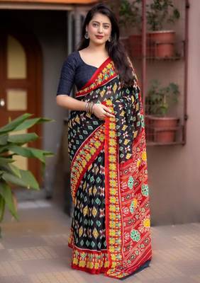 black linen printed saree with ikkat print 1