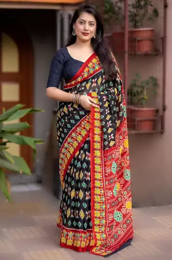 black linen printed saree with ikkat print