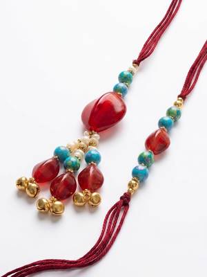 set of 2 artificial beads & gold toned ghungroo bhaiya bhabhi rakhi with roli chawal 3