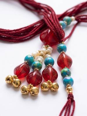 set of 2 artificial beads & gold toned ghungroo bhaiya bhabhi rakhi with roli chawal 4