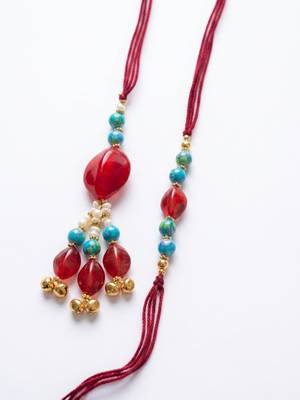 set of 2 artificial beads & gold toned ghungroo bhaiya bhabhi rakhi with roli chawal 5