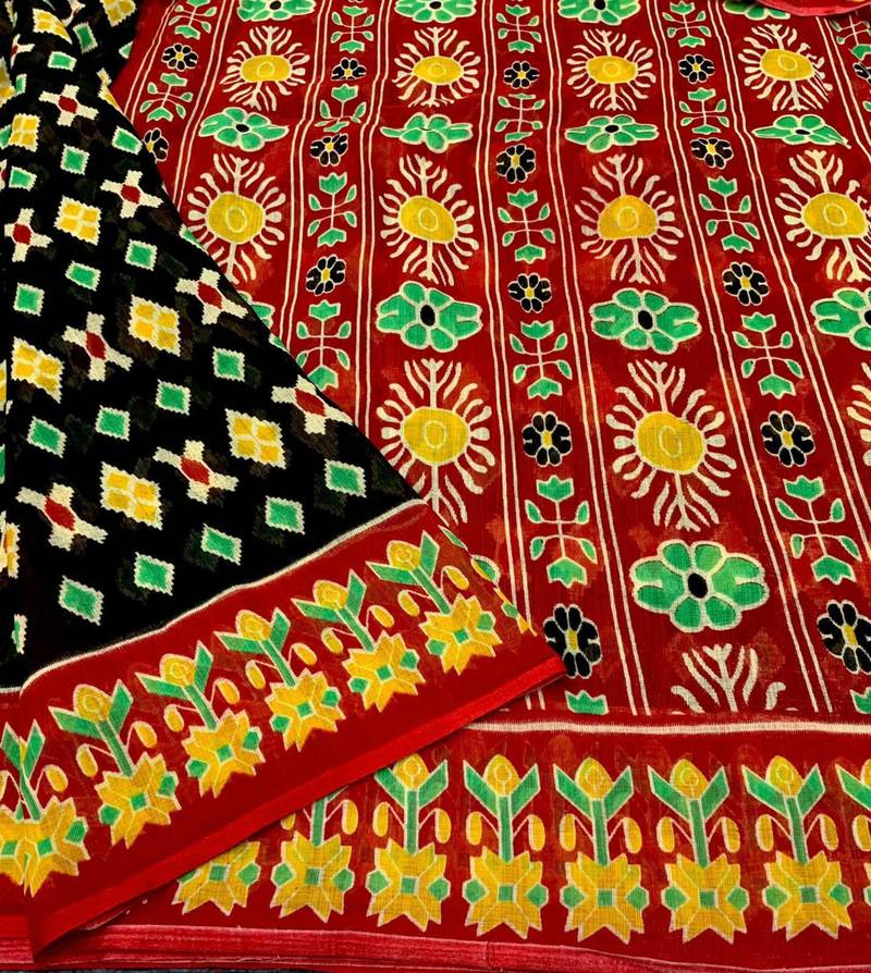 black linen printed saree with ikkat print