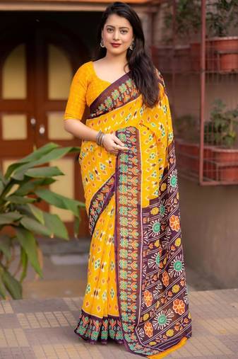 yellow linen printed saree with ikkat print