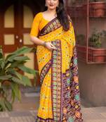 yellow linen printed saree with ikkat print