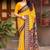 yellow linen printed saree with ikkat print