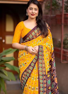 yellow linen printed saree with ikkat print 2