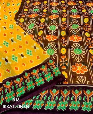 yellow linen printed saree with ikkat print 3