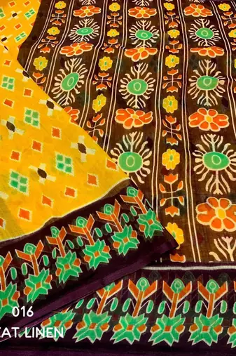 yellow linen printed saree with ikkat print
